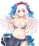  1girl absurdres arcaea bare_arms bare_shoulders bikini black_bikini breasts brown_eyes bubble_tea cleavage collarbone commentary_request cowboy_shot cup disposable_cup drinking_straw frilled_bikini frills half_updo hands_up hat highres hikari_(arcaea) holding holding_cup k-doku large_breasts long_hair looking_at_viewer navel sarong smile solo standing stomach swimsuit white_hair 