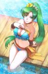  1girl blue_swimsuit breasts choker cleavage closed_mouth earrings fire_emblem fire_emblem:_the_blazing_blade fire_emblem_heroes flower green_eyes green_hair hair_flower hair_ornament highres jewelry long_hair lyn_(fire_emblem) pier ponytail sitting smile solo sukua55 swimsuit water 