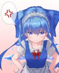  1girl alternate_costume alternate_hairstyle anger_vein apron bangs blue_bow blue_dress blue_eyes blue_hair blush bow bowtie breasts cirno collarbone commentary_request dress enmaided eyebrows_visible_through_hair gradient gradient_background hair_between_eyes hair_bow hands_on_hips highres imoutochiru leaning_forward long_hair looking_at_viewer maid maid_apron maid_headdress pinafore_dress pink_background puffy_short_sleeves puffy_sleeves red_bow red_neckwear shirt short_sleeves small_breasts solo spoken_anger_vein touhou twintails upper_body waist_apron white_apron white_shirt 
