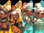  4girls aori_(splatoon) bellhenge black_gloves breasts cephalopod_eyes cleavage column_lineup crop_top crown dark_background dark_skin dress earrings facial_tattoo fingerless_gloves gloves glowing glowing_hair hime_(splatoon) hotaru_(splatoon) iida_(splatoon) jewelry looking_at_viewer mole mole_under_eye mole_under_mouth multicolored_hair multiple_girls navel pointy_ears short_shorts shorts smile splatoon_(series) splatoon_2 stomach stomach_tattoo symbol-shaped_pupils tattoo tentacle_hair two-tone_hair upper_body 