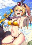  3girls absurdres ball beach beachball bikini blonde_hair blue_eyes blush breasts day fang food food_themed_hair_ornament girls_frontline hair_between_eyes hair_ornament headgear highres italian_flag leonat long_hair medium_breasts messy_hair multiple_girls navel ocean open_mouth outdoors pizza ponytail s.a.t.8_(girls_frontline) skindentation sky splashing surprised swimsuit very_long_hair water_gun wet yellow_bikini 