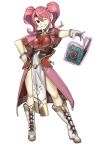  1girl absurdres boobplate book breastplate circlet ebinku fire_emblem fire_emblem_echoes:_shadows_of_valentia full_body gloves grin highres mae_(fire_emblem) one_eye_closed open_book pink_hair simple_background smile solo twintails white_background white_gloves 