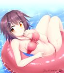  1girl bikini breasts brown_hair cleavage collarbone commentary_request furutaka_(kantai_collection) glowing glowing_eye hair_ornament hairclip heterochromia innertube kantai_collection medium_breasts navel orange_eyes pink_bikini short_hair side-tie_bikini smile solo swimsuit tamagawa_yukimaru twitter_username water 