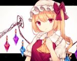  1girl blonde_hair bow chiyu_(kumataro0x0) closed_mouth eyebrows_visible_through_hair flandre_scarlet hair_between_eyes hair_bow hat looking_at_viewer red_bow red_eyes shiny shiny_hair short_hair_with_long_locks short_sleeves side_ponytail solo touhou upper_body white_background white_headwear wings yellow_neckwear 