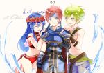  1girl 2boys belt bikini blue_eyes blue_hair blue_headband breastplate closed_eyes closed_mouth fire_emblem fire_emblem:_the_binding_blade fire_emblem_heroes gloves green_eyes green_hair head_wreath headband lilina long_hair male_swimwear multiple_boys open_mouth red_bikini red_hair roy_(fire_emblem) shoochiku_bai short_hair simple_background swim_trunks swimsuit swimwear twitter_username water white_background wolt 