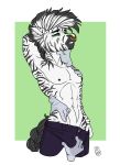  2019 abs anthro bodily_fluids bottomwear braided_tail bulge bulge_grab clothed clothing digital_media_(artwork) equid equine facial_piercing floating_hands green_eyes grope hi_res male mammal mohawk_(disambiguation) muscular muscular_male nipples nose_piercing nose_ring pants piercing rancidious smile solo stripes sweat topless zebra zeke_white 