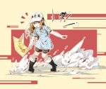  1girl bangs baseball_cap beige_background black_footwear blue_shirt boots brown_eyes brown_hair chinese_commentary clothes_writing collarbone commentary_request flag full_body grey_shorts hair_between_eyes hat hataraku_saibou highres holding holding_flag long_hair looking_at_viewer mouth_hold platelet_(hataraku_saibou) shirt short_sleeves shorts sidelocks simple_background solo standing suaynnai_wanzi translation_request whistle white_headwear 