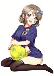  1girl 2018_fifa_world_cup absurdres ball bangs black_legwear blue_eyes blue_panties blue_shirt blush bow breasts crossed_arms eyebrows_visible_through_hair facepaint grey_hair hair_between_eyes hair_bow highres japan japanese_flag looking_at_viewer love_live! love_live!_sunshine!! medium_breasts no_pants open_mouth panties rozen5 scan shirt short_hair simple_background sitting smile soccer soccer_ball soccer_uniform solo sportswear sweatband tattoo thighhighs thighs underwear watanabe_you white_background white_panties world_cup yokozuwari 