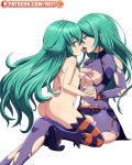  ass bodysuit boots breasts censored commentary date_a_live dual_persona english_commentary french_kiss from_side full_body green_eyes green_hair hand_on_another&#039;s_back highres holding_hands kiss long_hair looking_at_another medium_breasts mosaic_censoring natsumi_(date_a_live) navel nipples nude object_insertion reit selfcest simple_background small_breasts striped striped_legwear thighhighs torn_bodysuit torn_clothes vaginal vaginal_object_insertion very_long_hair white_background yuri 