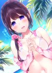  1girl :d bikini blue_sky braid breasts brown_hair chikuwa. cloud collarbone commentary_request crown_braid day disembodied_limb hair_ornament hair_scrunchie highres holding_hand horizon jacket large_breasts long_hair marine_day navel ocean off_shoulder open_clothes open_jacket open_mouth original outdoors palm_tree pink_jacket pink_scrunchie plaid plaid_scrunchie purple_eyes scrunchie sky smile solo_focus swimsuit translation_request tree upper_body water wet white_bikini 