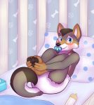  2017 4_fingers anthro bedding blanket blue_eyes blush canid canine crib cub diaper fingers furgonomics hi_res looking_at_viewer lying male mammal on_back pacifier pawpads paws pillow young zombineko 