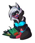  2019 anthro black_background breasts canid canine clothed clothing eyelashes female furkinghell hair hi_res kneeling mammal simple_background solo white_hair 