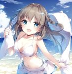  1girl :d bare_arms bare_shoulders bikini blue_eyes blue_sky blush braid breasts brown_hair cleavage cloud collarbone commentary_request day floating_hair front-tie_bikini front-tie_top hair_ornament halter_top halterneck holding long_hair looking_at_viewer mashiro_kuma mashiro_kuma_channel medium_breasts miniskirt mochizuki_shiina navel ocean open_mouth outdoors side-tie_bikini skirt sky smile solo stomach swimsuit twin_braids upper_body virtual_youtuber white_bikini white_skirt 