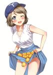  1girl ;d absurdres bangs blue_eyes blue_headwear blue_skirt blush breasts brown_hair cowboy_shot eyebrows_visible_through_hair food fruit hat highres long_skirt looking_at_viewer love_live! love_live!_sunshine!! medium_breasts one_eye_closed open_mouth orange rozen5 scan short_hair simple_background skirt skirt_basket skirt_lift smile solo thighs watanabe_you white_background 