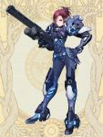  1girl armor blue_eyes blue_gloves breasts brown_hair dairoku_youhei earpiece full_body gloves gun hand_on_hip holding holding_gun holding_weapon looking_at_viewer saki_einhieral short_hair small_breasts solo standing weapon yozaka_osaka 