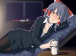  1girl :d bangs beer_can black_hair black_jacket black_legwear black_skirt blazer blurry blurry_background blush bow breasts can chair cleavage collarbone commentary cookie_(touhou) cowboy_shot drunk frilled_bow frills hair_bow hair_tubes hakurei_reimu highres indoors jacket konfu_nodashino_bubun long_sleeves looking_at_viewer lying medium_breasts miniskirt on_side open_mouth orange_eyes pantyhose pencil_skirt red_bow sananana shirt short_hair sidelocks skirt smile solo thighs touhou translation_request wand white_shirt window wing_collar 