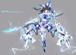  1girl absurdres beam_naginata caption commentary fingernails floating floating_hair grey_background gundam gundam_unicorn hakurei_reimu highres long_fingernails mecha_musume mechanical_arms photoshop_(medium) raptor7 shield single_mechanical_arm solo touhou unicorn_gundam_perfectibility yin_yang 