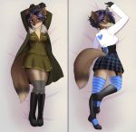  accessory anthro bed biped boots bottomwear brown_fur clothed clothing coat corset dakimakura_design female footwear fully_clothed fur garter gloves hair handwear hi_res hybrid legwear lingerie looking_at_viewer lying mammal markings purple_eyes purple_hair shazzi shirt short_hair skirt solo spots stockings tan_markings topwear 