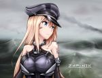  1girl artist_name bandaid bare_shoulders bismarck_(kantai_collection) blonde_hair blue_eyes breasts detached_sleeves hat kantai_collection large_breasts long_hair looking_to_the_side peaked_cap scar solo zap-nik 