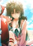  1girl black_hair breasts cleavage dangmill earrings fate/grand_order fate_(series) ground_vehicle gugalanna hair_ornament headlight highres ishtar_(fate/grand_order) ishtar_(swimsuit_rider)_(fate) jacket jacket_over_swimsuit jewelry long_hair looking_at_viewer motor_vehicle parka red_eyes scooter solo sunglasses sweat swimsuit thigh_strap 