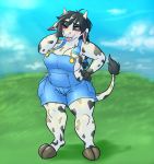  anthro big_breasts bison_black black_hair blue_eyes blush bovid bovine breasts cattle cleavage clothed clothing female hair hi_res holstein_friesian_cattle hooves mammal one_eye_closed open_mouth outside overweight solo 