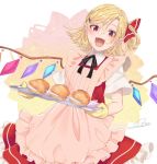  1girl :d apron asa_(coco) bangs black_neckwear black_ribbon blonde_hair collaboration colorized commentary_request cowboy_shot crystal eyelashes fangs flandre_scarlet food_request frilled_apron frills hair_between_eyes hair_ornament hair_ribbon hairclip holding holding_tray looking_at_viewer neck_ribbon no_hat no_headwear one_side_up open_mouth oven_mitts pastry petticoat pink_apron red_eyes red_ribbon red_skirt red_vest ribbon shirt short_hair short_sleeves signature skirt skirt_set slit_pupils smile solo souta_(karasu_no_ouchi) standing touhou tray vest white_background white_shirt wings 