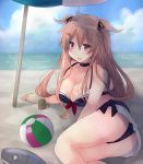  1girl ahoge ass ball bare_shoulders beach beachball black_ribbon breasts brown_eyes choker cleavage collarbone gradient_hair hair_ornament hair_ribbon hairclip heterochromia hirune_(konekonelkk) kantai_collection large_breasts light_brown_hair long_hair multicolored_hair murasame_(kantai_collection) parasol red_eyes remodel_(kantai_collection) ribbon sailor_bikini sailor_collar solo two_side_up umbrella 