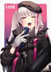  1girl absurdres backpack bag bangs beret black_gloves blue_eyes blush breasts cellphone commentary eyebrows_visible_through_hair girls_frontline gloves grey_hair hat heterochromia highres kyo long_hair looking_at_viewer mdr_(girls_frontline) multicolored_hair one_side_up open_mouth phone pink_eyes pink_hair side_ponytail sidelocks smile solo streaked_hair tactical_clothes 