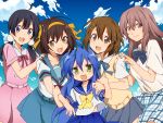  5girls :3 black_hair blue_eyes blue_hair blue_neckwear blue_ribbon blue_sailor_collar blue_skirt blue_sky brown_eyes brown_hair cloud commentary_request company_connection crossover dress green_eyes grey_skirt hairband highres hirasawa_yui izumi_konata k-on! kita_high_school_uniform kitashirakawa_tamako koe_no_katachi kyoto_animation long_hair looking_at_viewer low_twintails lucky_star masako_(sabotage-mode) mole mole_under_eye multiple_girls neck_ribbon neckwear nishimiya_shouko pink_dress plaid plaid_skirt pleated_skirt ribbon ryouou_school_uniform sailor_collar sakuragaoka_high_school_uniform school_uniform serafuku short_hair skirt sky suzumiya_haruhi suzumiya_haruhi_no_yuuutsu sweater_vest tamako_market twintails yellow_hairband yellow_neckwear 