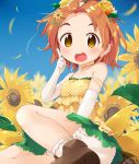  1girl bare_shoulders blue_sky bobby_socks brown_hair collarbone commentary_request day elbow_gloves flower gloves green_skirt hair_flower hair_ornament hairclip highres idolmaster idolmaster_cinderella_girls index_finger_raised leaf looking_at_viewer makuran open_mouth outdoors petals polka_dot round_teeth ryuuzaki_kaoru short_hair skirt sky socks solo strap_slip sunflower teeth upper_teeth white_gloves x_hair_ornament yellow_eyes 