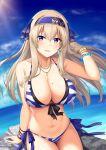  1girl bikini blue_eyes bracelet brave_girl_ravens breasts cleavage cloud cloudy_sky cowboy_shot front-tie_bikini front-tie_top hair_ribbon hairband horosuke_(toot08) jewelry kairi_(brave_girl_ravens) large_breasts long_hair looking_at_viewer mole mole_on_breast navel necklace ocean open_mouth ribbon rock sitting_on_rock sky smile solo striped striped_bikini swimsuit 