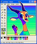  2019 ambiguous_gender antelope anthro bovid breaking_the_fourth_wall clothed clothing english_text facial_markings fuel_(artist) fuel_(character) gazelle gesture gradient_background head_markings horn looking_at_viewer mammal markings ms_paint ms_paint_challenge open_mouth open_smile outline simple_background smile solo text waving yellow_outline 