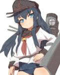  1girl akatsuki_(kantai_collection) alchera anchor_symbol black_hair black_sailor_collar blue_eyes blue_swimsuit flat_cap hand_on_hip hat kantai_collection long_hair looking_at_viewer machinery neckerchief no_pants red_neckwear remodel_(kantai_collection) sailor_collar school_swimsuit school_uniform searchlight serafuku simple_background smile smokestack solo swimsuit swimsuit_under_clothes white_background 