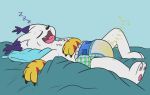  3_toes anthro bed bedding black_nose bodily_fluids chest_tuft claws diaper digimon digimon_(species) eyes_closed fangs felid fur gatomon genital_fluids lying mammal on_back open_mouth pawpads pillow ritzcat sleeping solo text toes tuft urine wet_diaper wetting white_fur 