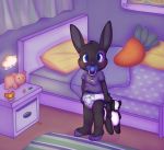  2017 anthro bed black_fur blue_eyes carrot clothing cub diaper food fur inside lagomorph leporid looking_at_viewer male mammal mephitid pacifier pillow plant plushie rabbit shirt skunk solo standing topwear vegetable young zombineko 