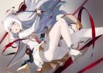  1girl :o azur_lane bangs blue_eyes blurry blurry_background blush breasts commentary_request depth_of_field double_bun dress eyebrows_visible_through_hair grey_background grey_footwear high_heels holding holding_sword holding_weapon le_malin_(azur_lane) long_hair long_sleeves medium_breasts open_mouth pantyhose peroncho saber_(weapon) shoe_soles shoes sidelocks silver_hair solo sword thighband_pantyhose underboob very_long_hair weapon white_dress white_legwear 