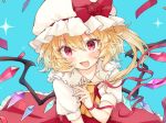  1girl :d ascot bangs blonde_hair blue_background blush bow commentary_request crystal eyebrows_visible_through_hair fang flandre_scarlet flower hair_between_eyes hand_up hat hat_bow hat_flower honotai long_hair looking_at_viewer mob_cap one_side_up open_mouth petticoat puffy_short_sleeves puffy_sleeves red_bow red_eyes red_flower red_ribbon red_rose red_skirt red_vest ribbon rose shirt short_sleeves simple_background skin_fang skirt smile solo sparkle touhou upper_body vest white_headwear white_shirt wings wrist_ribbon yellow_neckwear 