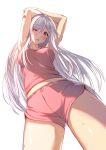  1girl aldehyde armpits arms_up bare_arms bare_shoulders blush breasts collarbone from_below hair_ornament highres large_breasts long_hair looking_at_viewer midriff neeko neeko_wa_tsurai_yo one_eye_closed open_mouth pink_shirt pink_shorts red_eyes shirt short_shorts shorts silver_hair simple_background sleeveless sleeveless_shirt solo sweat tank_top thighs white_background 