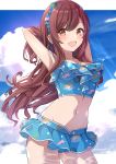  1girl :d alisia0812 armpits arms_behind_head arms_up bare_arms bikini_skirt blue_sky breasts brown_eyes brown_hair cleavage cloud cloudy_sky collarbone commentary_request cowboy_shot crop_top day hairband highres idolmaster idolmaster_shiny_colors long_hair looking_at_viewer medium_breasts midriff navel oosaki_amana open_mouth sidelocks sky smile solo standing swimsuit thighs 