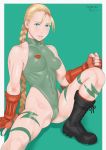  1girl abs antenna_hair beret blonde_hair blue_eyes bodypaint boots braid cameltoe cammy_white camouflage capcom fingerless_gloves gloves green_leotard hat highleg highleg_leotard highres leotard scar simple_background solo street_fighter thighs thong_leotard twin_braids zenkou 