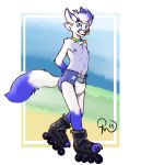  2018 anthro black_nose blue_eyes canid canine collar diaper fox fur looking_at_viewer male mammal navel nipples roger_the_cat rollerskates solo white_fur 