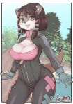  2019 accessory anthro breasts brown_fur brown_hair cleavage clothed clothing day female fur gloves green_eyes hair hair_accessory hairclip handwear happy hi_res looking_at_viewer lutrine mammal mofumofumachine mustelid open_mouth outside portrait solo standing three-quarter_portrait 