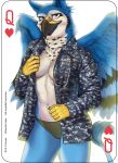  &lt;3 2019 abs anthro avian beak black_beak black_feathers black_fur blue_feathers blue_fur breasts camo card clothing digital_media_(artwork) english_text feathered_wings feathers female fonyaa fur grey_eyes gryphon hybrid looking_at_viewer military navel playing_card shirt simple_background small_breasts solo standing text topwear underwear white_background white_fur wings 