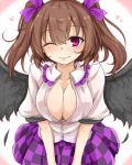  black_wings breasts brown_hair checkered checkered_skirt cleavage feathered_wings heart highres himekaidou_hatate large_breasts neko_mata one_eye_closed open_clothes open_shirt purple_eyes purple_skirt shirt simple_background skirt smile touhou twintails white_shirt wings 