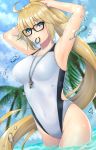  1girl arms_behind_head black-framed_eyewear blonde_hair blue_eyes blue_sky blurry cloud commentary_request competition_swimsuit cowboy_shot day depth_of_field fate/grand_order fate_(series) glasses highres hinata_minami jeanne_d&#039;arc_(fate)_(all) jeanne_d&#039;arc_(swimsuit_archer) long_hair looking_at_viewer mouth_hold one-piece_swimsuit outdoors palm_tree ponytail rubber_band sky smile solo swimsuit tree twintails tying_hair water whistle whistle_around_neck white_swimsuit 