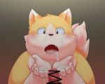  2018 5:4 anthro blush bodily_fluids canid canine censored cub cum cum_on_face cum_on_hand cute_fangs duo fox fur genital_fluids humanoid_hands humanoid_penis huuta_2929 male male/male mammal penis simple_background slightly_chubby yellow_fur young 