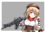  1girl absurdres arm_warmers assault_rifle belt_pouch beret blue_eyes blush braid breasts chocolate_bar fn_fnc fnc_(girls_frontline) girls_frontline gradient gradient_background grandapple71 gun hair_ornament hairclip hat highres long_hair looking_at_viewer namesake open_mouth portrait pouch ribbon rifle scarf simple_background solo weapon 