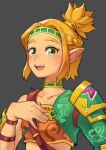  1girl absurdres bandeau blonde_hair choker cosplay crossdressing gerudo_link gerudo_link_(cosplay) green_eyes grey_background hand_on_own_chest highres igote open_mouth pointy_ears princess_zelda sidelocks simple_background smile solo the_legend_of_zelda the_legend_of_zelda:_breath_of_the_wild the_legend_of_zelda:_breath_of_the_wild_2 upper_body 