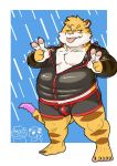  2019 anthro belly blush bottomwear bulge clothing felid fur humanoid_hands hupi1008 male mammal moobs one_eye_closed overweight overweight_male pantherine raining shirt shorts solo tiger tongue tongue_out topwear wink yellow_fur 