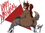  anthro butt canid canine canis clothing ear_piercing ear_ring female footwear hair high_heels jackal kingjaguar low_res mammal piercing shoes solo tongue tongue_out 